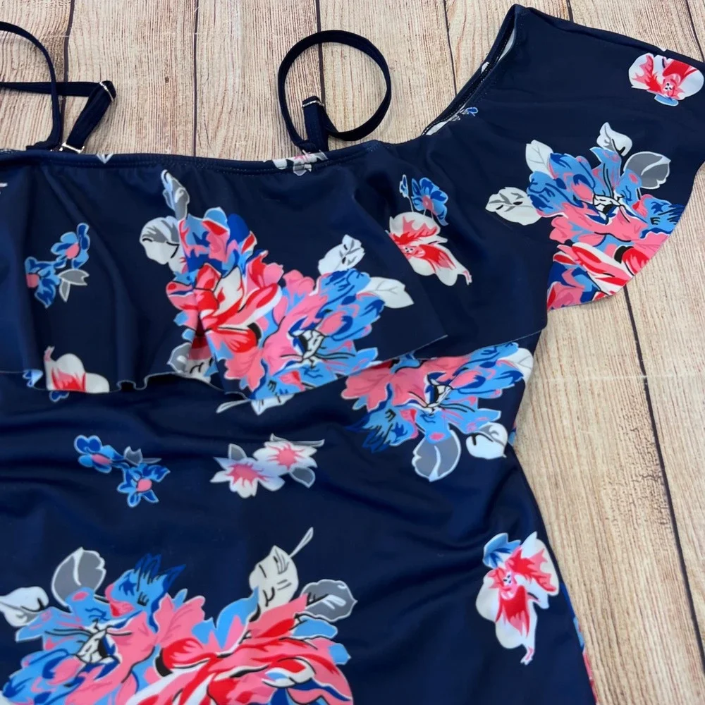 Ekouaer‎ Womens Floral Ruffle Off The Shoulder One Piece Swimsuit Navy Blue XL